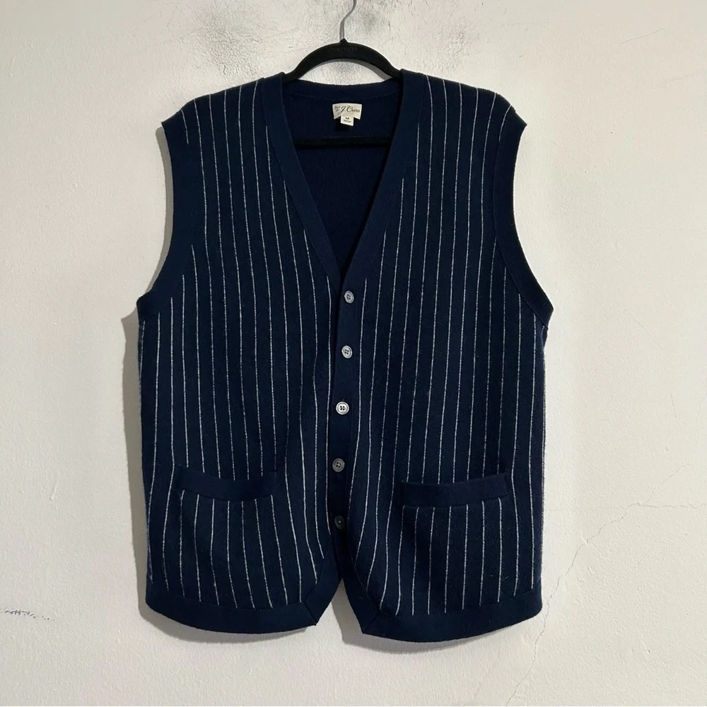 J. Crew Cashmere Blend Cardigan Sweater Vest Pinstripe Navy Preppy Old Money